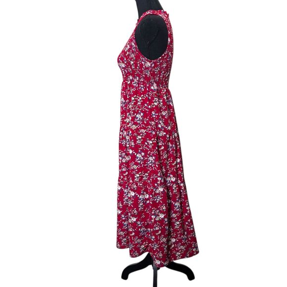 Red Floral Smocked Sleeveless Midi Dress Women’s Small - Picture 2 of 8